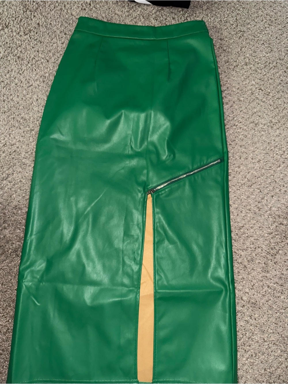 SHEIN Green Faux Leather Pencil Skirt with Tan Contrast Zip